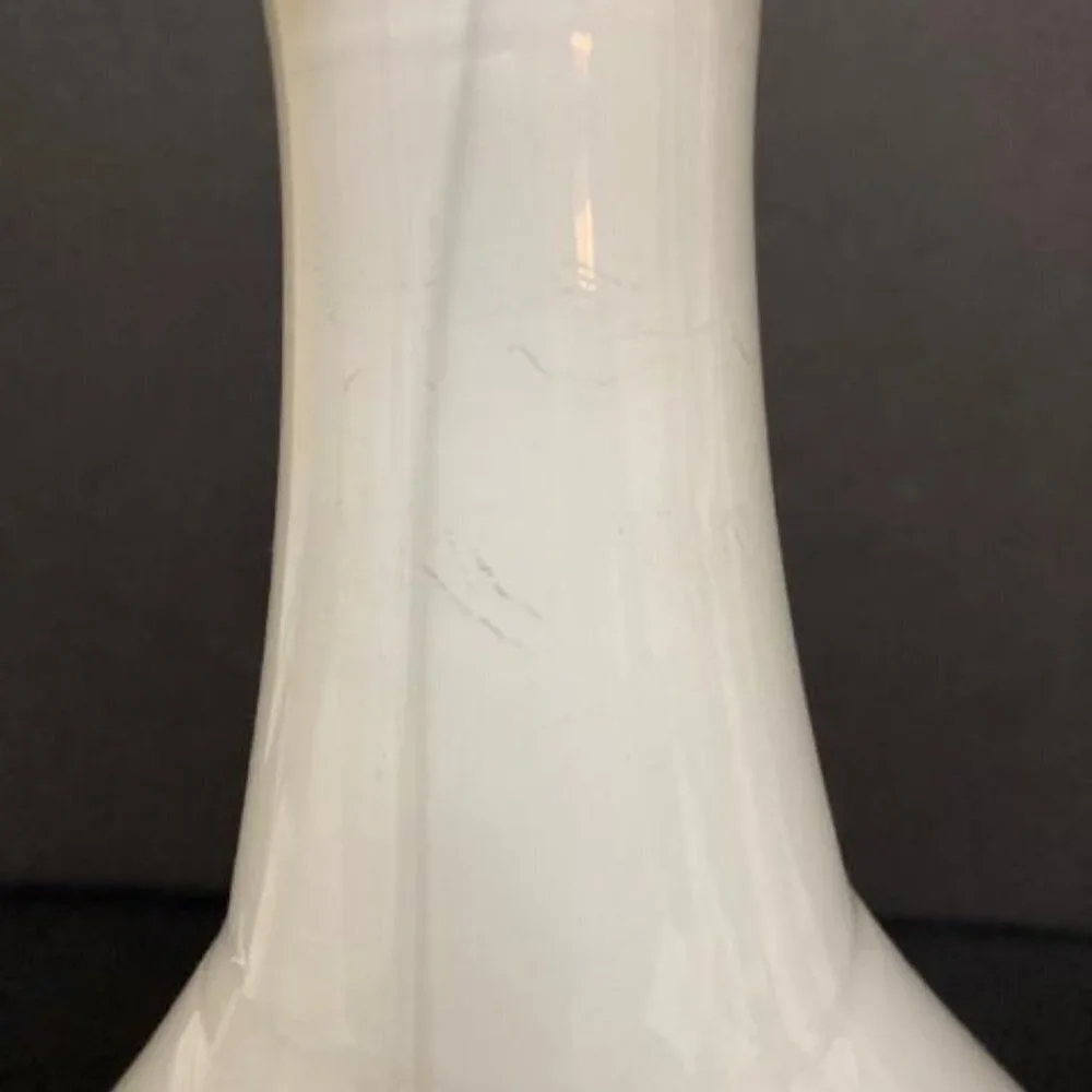 Hand‎ Blown Art Glass Vase White Yellow Rimmed Bulbous Abstract Signed